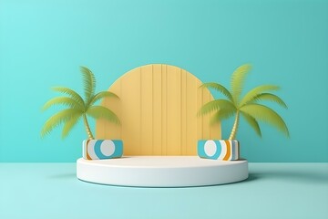 Fototapeta premium 3d Podium Stand for Product Presentation With Summer Concept. Pedestal Platform for Cosmetic Advertising. Minimal Summer Vacation.