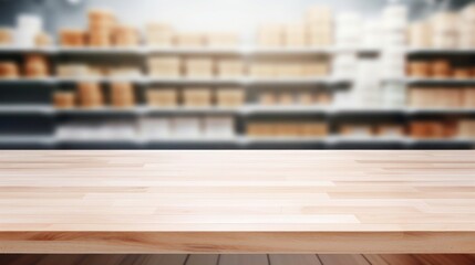 Empty wooden tabletop and blurred supermarket as background for displaying or mounting your products - obrazy, fototapety, plakaty
