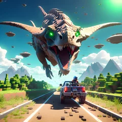 Aliens steal a dino in style of blocky cubes . Generative AI.