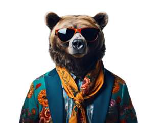 Cool bear in the sunglasses and suit on the transparent background