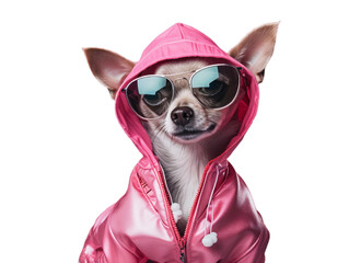 Cool small dog in the sunglasses and pink jacket on the transparent background
