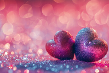 Obraz premium Two hearts on a purple blurred and bokeh background Ai generative