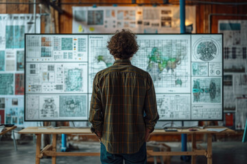 Mann steht vor riesigen Monitoren, die Projektdiagramme zeigen
