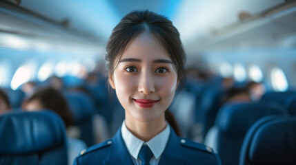 A stunning young asian air hostess or stewardess standing in the aisle of an airplane.