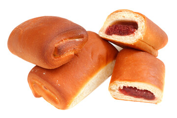 Stuffed sweet pastry on white background. Patty pie with fruit jam filling. Baked buns with jelly filling. - 711841491