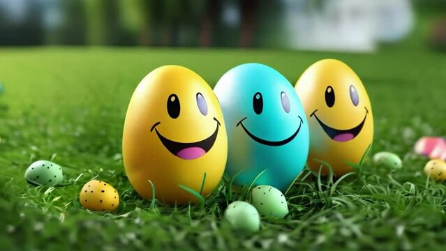 Colorful Easter eggs with cute smiles. Loopable. AI generated.