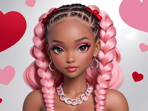 Saint Valentine's theme, 14th february, love day. Picture for postcard. Cute girl on white background with pink and red hearts. Valentine concept, cute valentine card. Doll with long hair, pink braids