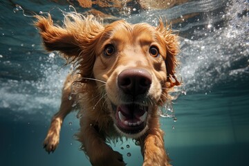 A majestic canine of the sporting group gracefully glides through the clear blue waters, showcasing the innate athleticism and love for the outdoors of its brown-colored breed - obrazy, fototapety, plakaty