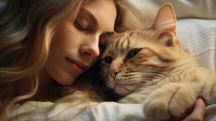 Sleeping Beauty: Girl with Red Cat on Pillow