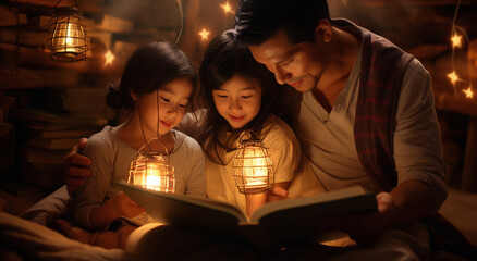 happy family reading book at home