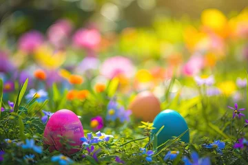 Schilderijen op glas A colorful Easter egg hunt in a garden filled with blooming flowers © PinkiePie