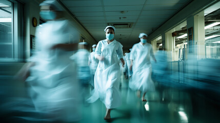 Fototapeta na wymiar Motion Blur Shot Of Medical Staff Wearing Scrubs In Busy Hospital Corridor