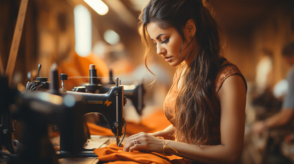 Beautiful female worker is in the sewing factory by the machine. - obrazy, fototapety, plakaty