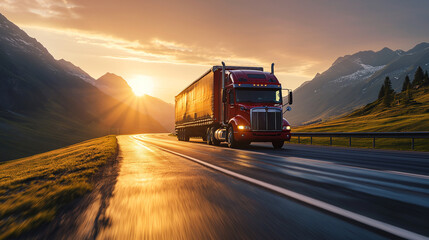 Red semi-truck driving at sunset on mountain highway, transport logistics, freight delivery, scenic route, golden hour, road trip, commercial vehicle.