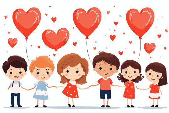 Children with Valentine's Day hearts, simple flat vector illustration, generative ai