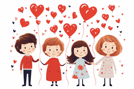 Children with Valentine's Day hearts, simple flat vector illustration, white background --no gradient, shadow --ar 3:2 --stylize 250 --v 5.2 Job ID: 1b89d245-755c-496b-8978-b9a616a6a144