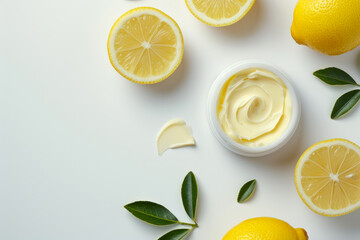 top view, fresh citrus cream with lemon slices on a clean white background