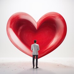 The man stands against the background of a big heart. Valentine's Day Loneliness, waiting for love.