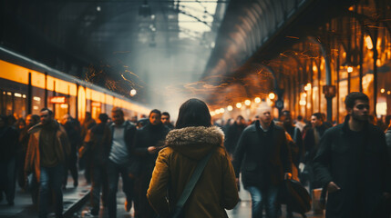 people walking in the city street crowd at winter time - obrazy, fototapety, plakaty