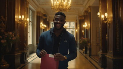 Obraz premium Postman delivering package of goods to home with smile and happy face.