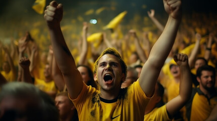 group of fans dressed in yellow color watching a sports event in the stands of a stadium - obrazy, fototapety, plakaty