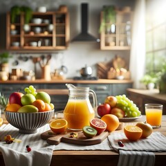 Naklejka premium Jug of juice and fruits on the counter, conceptual photo in a kitchen, nature, countryside, balcony, backyard