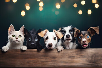 Fototapeta na wymiar A cats and a dogs peeking over a wooden table. Winter season background, cozy festive atmosphere. Christmas promotional banner for pet shop or vet clinic.