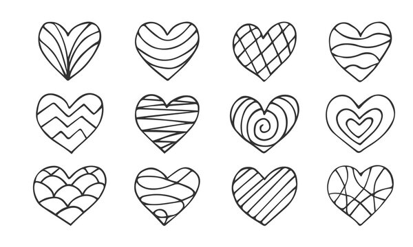 Set of hand drawn hearts. Doodle outline black heart collection isolated on white. Line art geometric Design element for Valentine's day, wedding