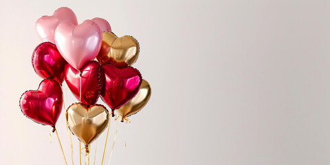 Floating Pink, Red and Gold Real Metallic Balloons Hearts on a White background, for Love Themed Events and Valentine's Greetings
