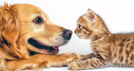 Cat and dog at each other, isolated on white background, side view. Kitten and dog home pets. Animal care. Love and friendship. Domestic animals.