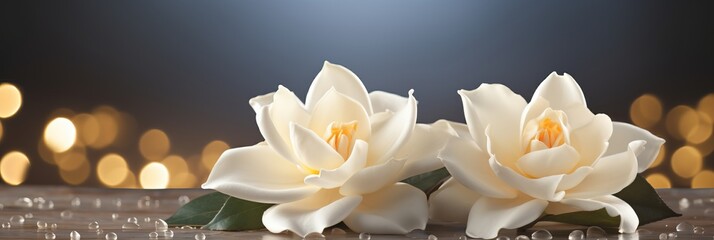 Elegant white gardenia blossom with magical bokeh background and copy space for text placement