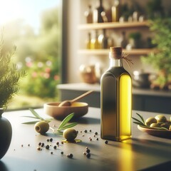 Bottle of olive oil on a table, with a kitchen background blurred in the distance, accompanied by salad, olives, and pasta - obrazy, fototapety, plakaty