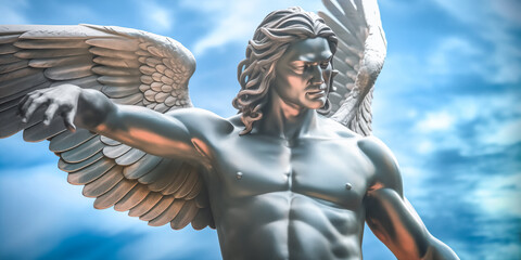 Metal Guardian angel statue in light as a symbol of strength, truth and faith. - obrazy, fototapety, plakaty