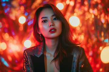 Fototapeta premium Young beautiful brunette Asian woman with evening makeup wears shiny suit at the party