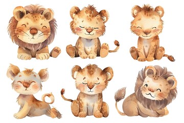 Watercolor set of cute safari lion in different poses. White background, light pastel colors