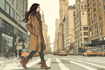 an illustration of a woman walking on the new york street with a coffee cup ,busy bussiness woman concept - obrazy, fototapety, plakaty