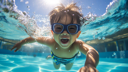 Naklejka premium Underwater Young kid Fun in the Swimming Pool with Goggles. Summer Vacation Fun.