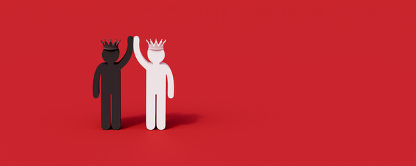 Black and white kings doing high five. Truce and reconciliation concept on red background 3d render 3d illustration