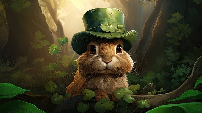 A cute rabbit in a green hat in the bushes. A postcard for St. Patrick's Day. Advertising of a pet store or veterinary service