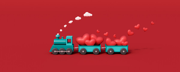 Blue train toy and wagons filled with red hearts. Valentine's day concept on red background 3d render 3d illustration