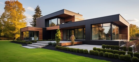 Luxurious modern cubic house with wooden cladding and black panel walls, front yard landscaping - obrazy, fototapety, plakaty