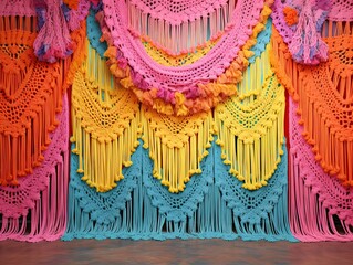 Huge colorful macrame curtain. Handmade knotted rope wall art, expressive interior shot in blue, pink, orange and yellow