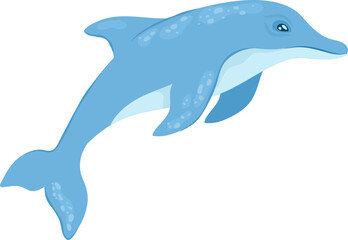 Blue cartoon dolphin swimming underwater. Cute marine animal with happy expression. Ocean wildlife and sea creatures theme vector illustration.