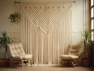 Big white macrame wall decor in front of a window. Handmade knotted rope wall art, interior shot with plants and chairs