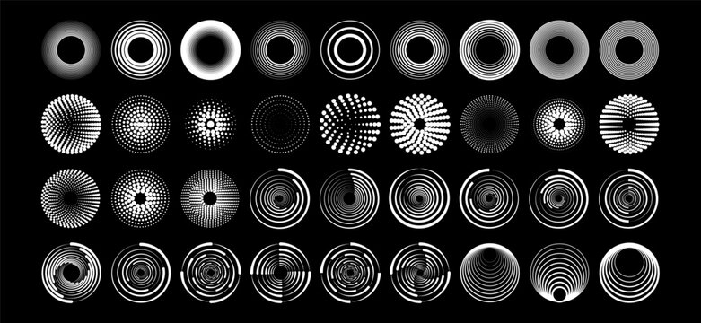 Set black thick halftone dashed speed lines. Design element for frame, logo, tattoo, web pages, prints, posters, template. Velocity lines in the shape of a circle. Geometric art. Abstract vector