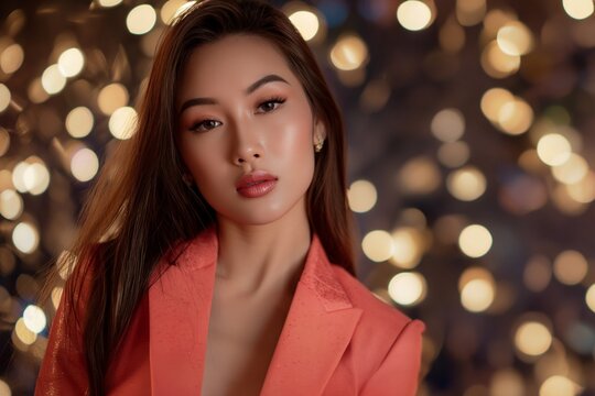 Young beautiful brunette Asian woman with evening makeup wears shiny suit at the party