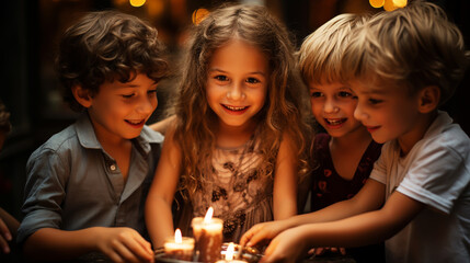 Kids looking at birthday cake with candles, having b-day party