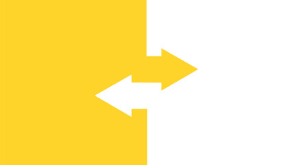Two arrows in opposite directions, one going right and one going left. Yellow and white background. - obrazy, fototapety, plakaty