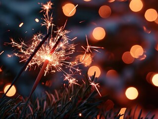 sparkler on christmas tree with bokeh lights background