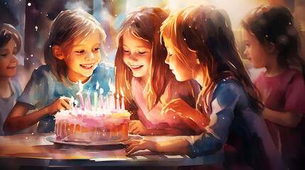 Watercolor of Group of happy and enjoy kids have fun celebrating her birthday with Multinational friend kids birthday celebratiion party. - obrazy, fototapety, plakaty